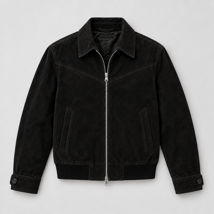 Herren Velourslederjacke mit Reißverschluss – Regular Fit — Schwarz