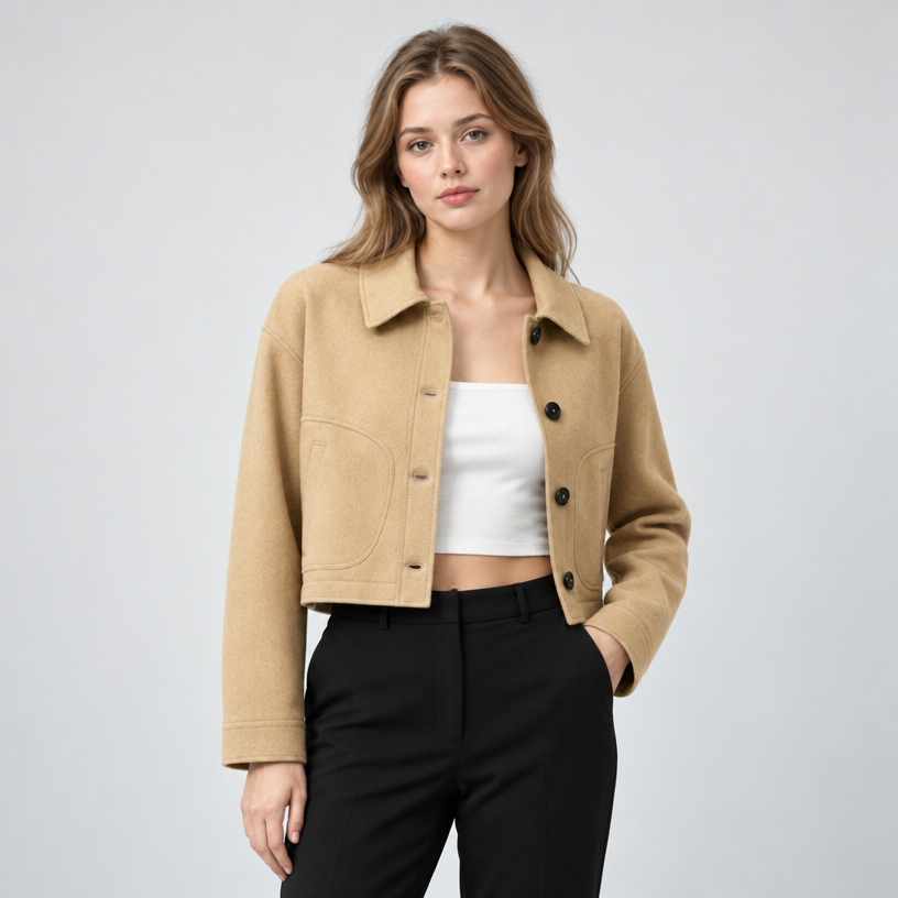 Damen Cropped Übergangsjacke mit Knopfleiste – Regular Fit