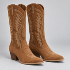 Damen Kniehohe Westernstiefel mit Stickerei und Blockabsatz — Braun