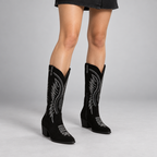 Damen Kniehohe Westernstiefel mit Stickerei und Blockabsatz — Schwarz