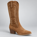 Damen Kniehohe Westernstiefel mit Stickerei und Blockabsatz — Braun
