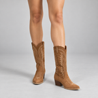 Damen Kniehohe Westernstiefel mit Stickerei und Blockabsatz — Braun
