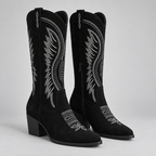 Damen Kniehohe Westernstiefel mit Stickerei und Blockabsatz — Schwarz