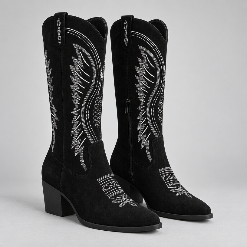 Damen Kniehohe Westernstiefel mit Stickerei und Blockabsatz — Schwarz