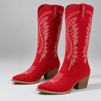 Damen Kniehohe Westernstiefel mit Stickerei und Blockabsatz — Rot