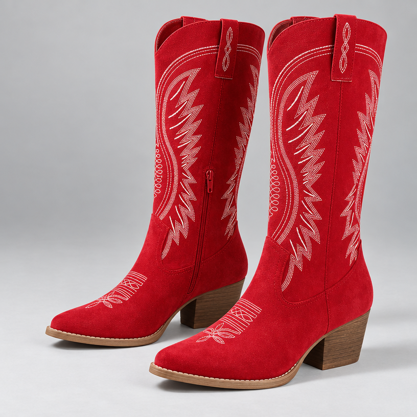 Damen Kniehohe Westernstiefel mit Stickerei und Blockabsatz — Rot