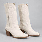 Damen Kniehohe Westernstiefel mit Stickerei und Blockabsatz — Weiß