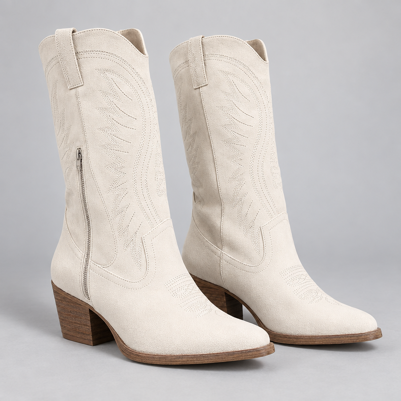 Damen Kniehohe Westernstiefel mit Stickerei und Blockabsatz — Weiß