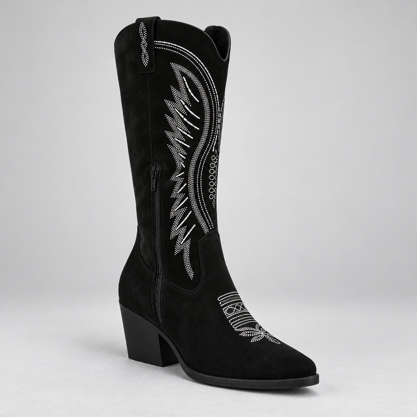 Damen Kniehohe Westernstiefel mit Stickerei und Blockabsatz — Schwarz