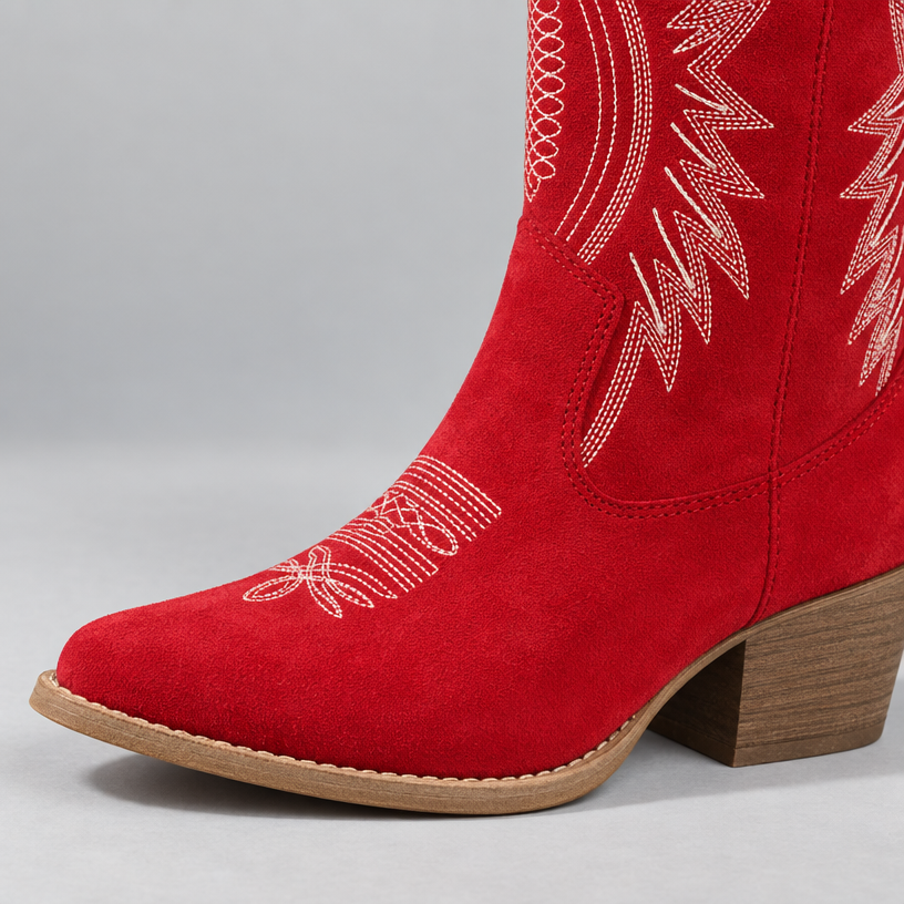 Damen Kniehohe Westernstiefel mit Stickerei und Blockabsatz — Rot