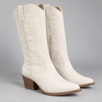 Damen Kniehohe Westernstiefel mit Stickerei und Blockabsatz — Weiß