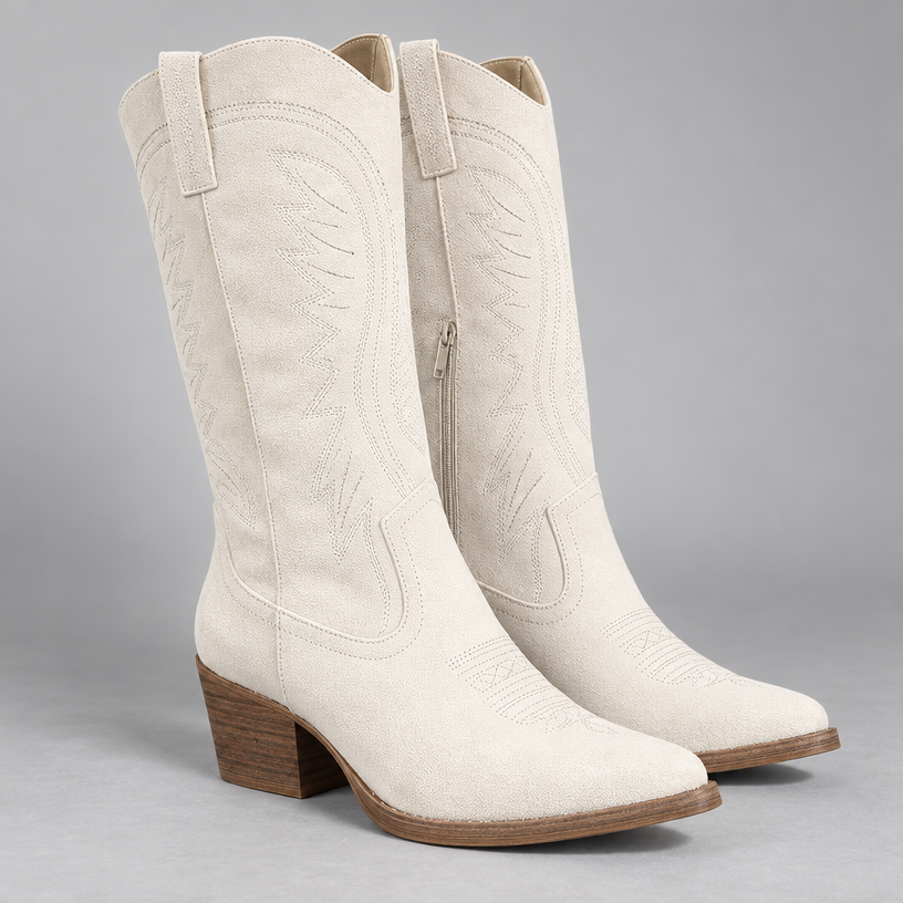 Damen Kniehohe Westernstiefel mit Stickerei und Blockabsatz — Weiß