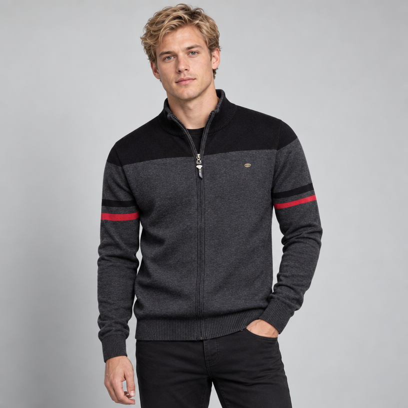 Herren Baumwoll-Strickjacke mit Stehkragen und Reißverschluss — Schwarz