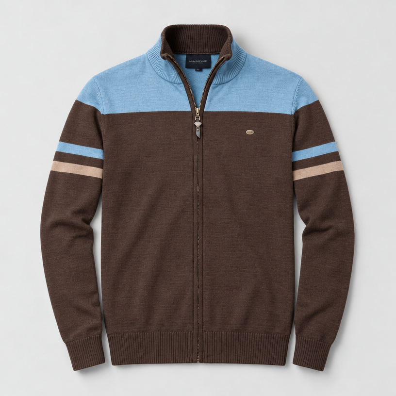 Herren Baumwoll-Strickjacke mit Stehkragen und Reißverschluss — Blau
