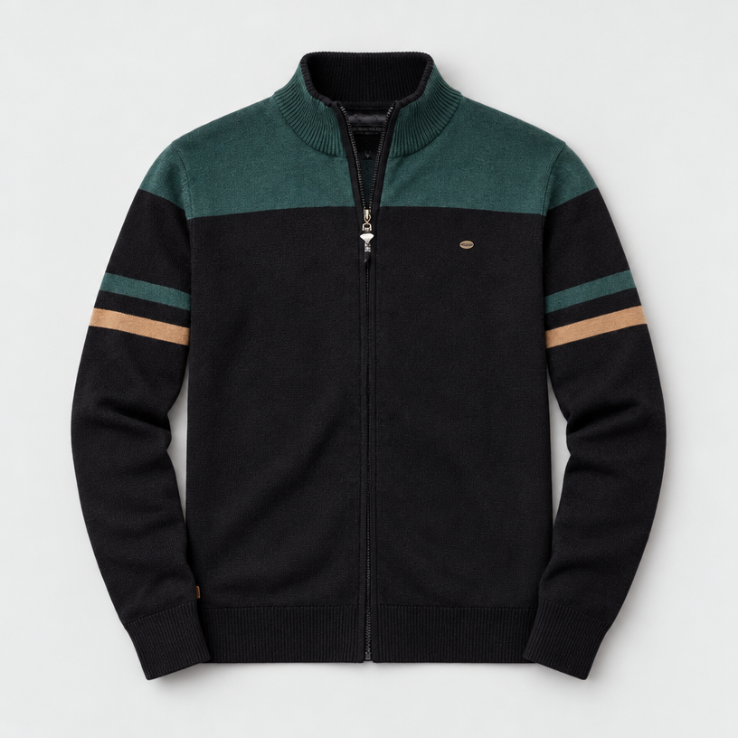 Herren Baumwoll-Strickjacke mit Stehkragen und Reißverschluss — Dunkelgrün