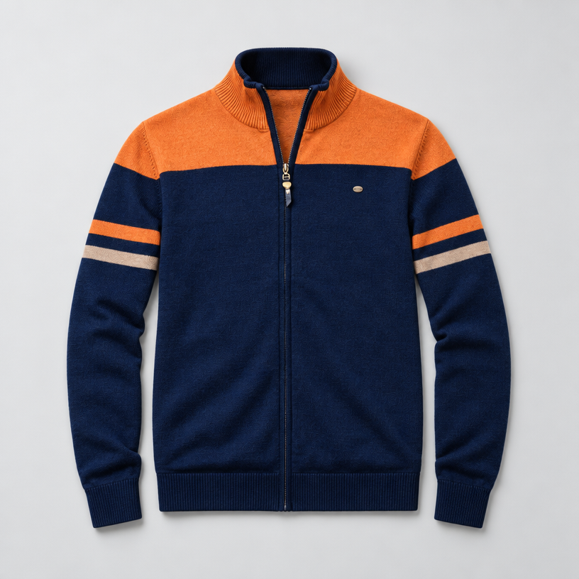 Herren Baumwoll-Strickjacke mit Stehkragen und Reißverschluss — Orange