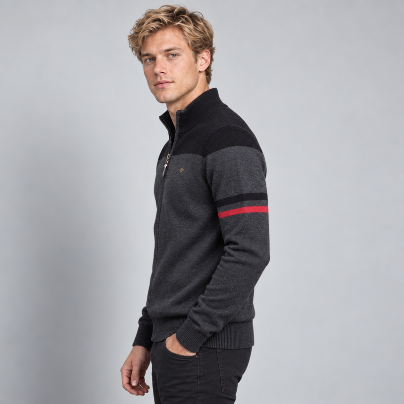 Herren Baumwoll-Strickjacke mit Stehkragen und Reißverschluss — Schwarz