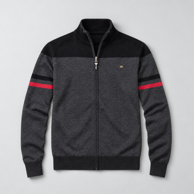 Herren Baumwoll-Strickjacke mit Stehkragen und Reißverschluss — Schwarz
