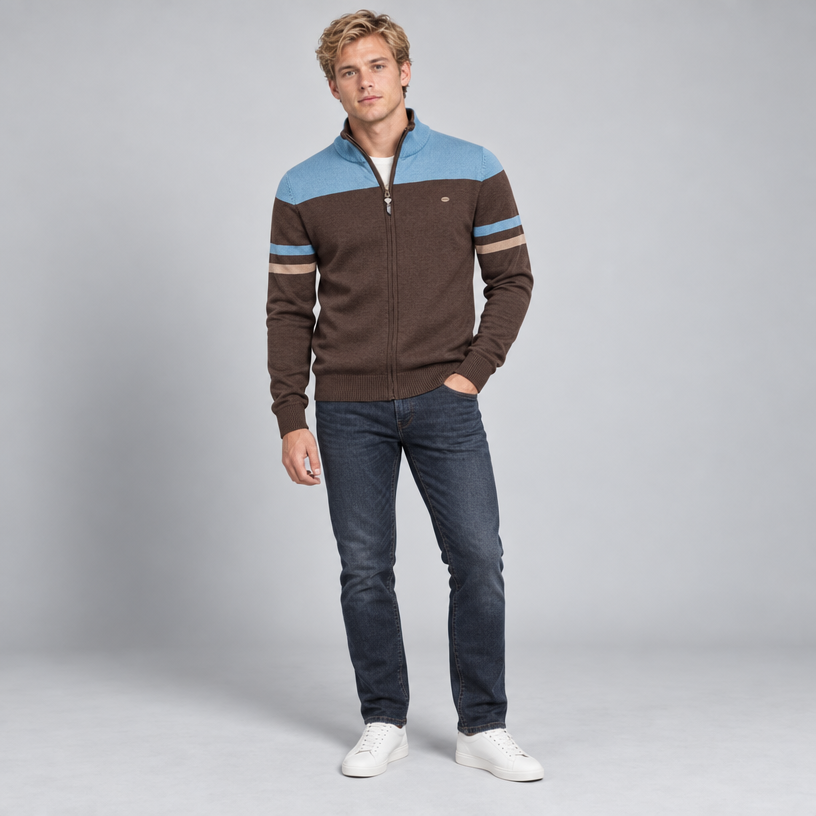 Herren Baumwoll-Strickjacke mit Stehkragen und Reißverschluss — Blau