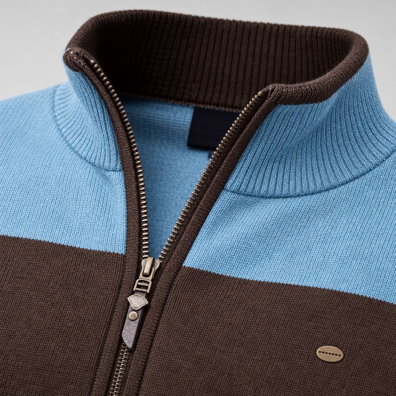 Herren Baumwoll-Strickjacke mit Stehkragen und Reißverschluss — Blau