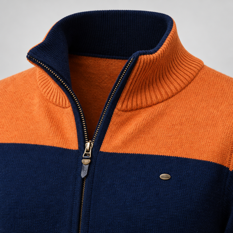 Herren Baumwoll-Strickjacke mit Stehkragen und Reißverschluss — Orange