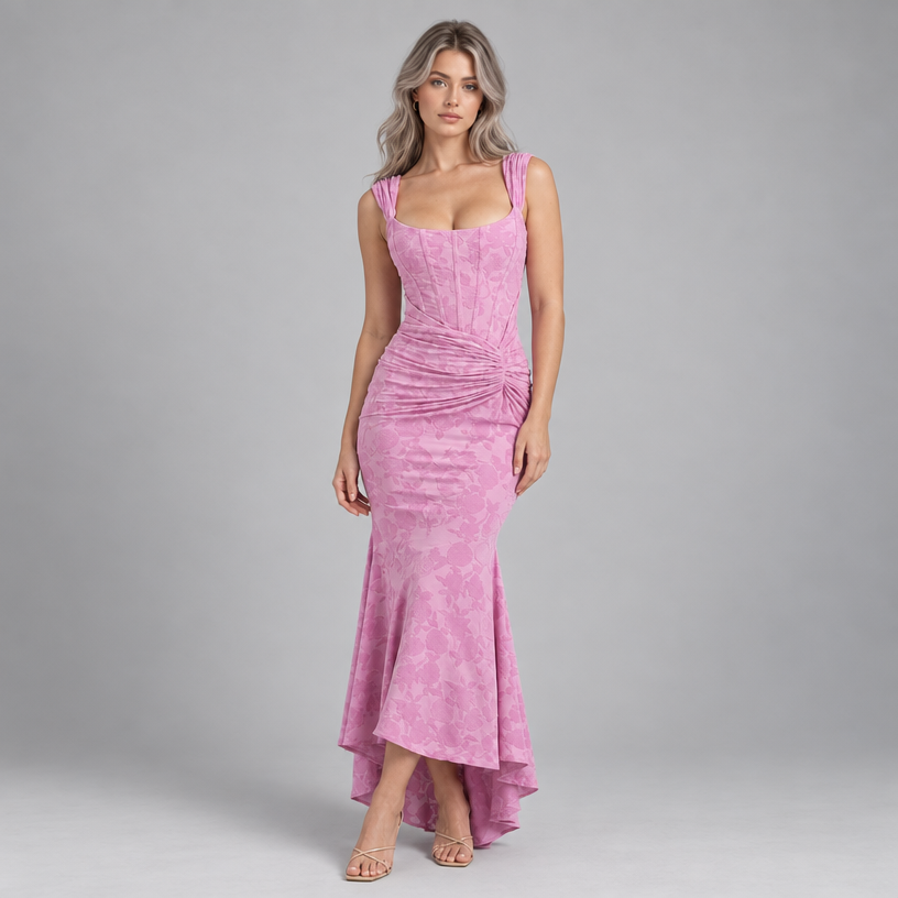 Damen Corsagen-Abendkleid mit Blumenmuster und High-Low-Saum — Pink