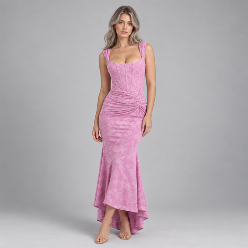 Damen Corsagen-Abendkleid mit Blumenmuster und High-Low-Saum — Pink