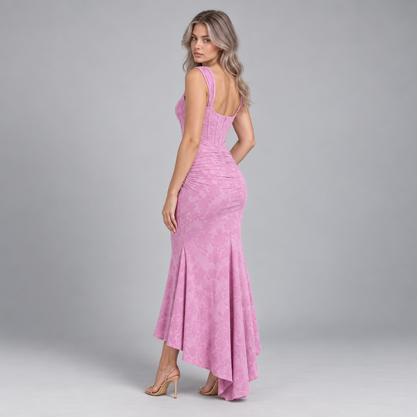 Damen Corsagen-Abendkleid mit Blumenmuster und High-Low-Saum — Pink