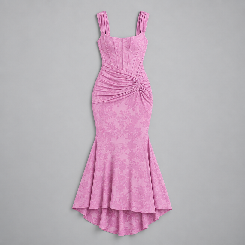 Damen Corsagen-Abendkleid mit Blumenmuster und High-Low-Saum — Pink