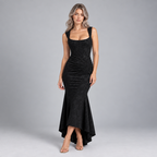 Damen Corsagen-Abendkleid mit Blumenmuster und High-Low-Saum — Schwarz