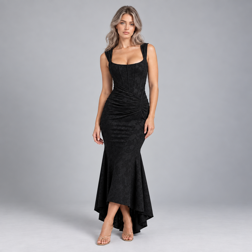 Damen Corsagen-Abendkleid mit Blumenmuster und High-Low-Saum — Schwarz