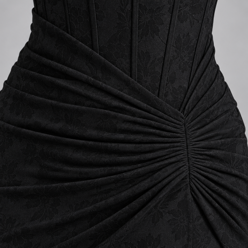 Damen Corsagen-Abendkleid mit Blumenmuster und High-Low-Saum — Schwarz