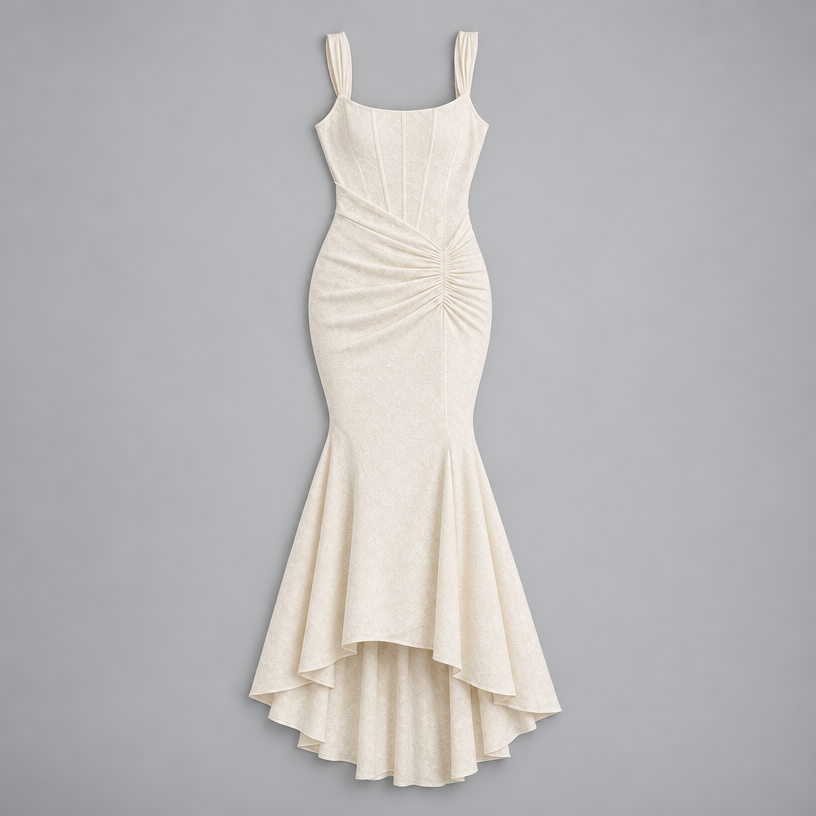 Damen Corsagen-Abendkleid mit Blumenmuster und High-Low-Saum — Weiß