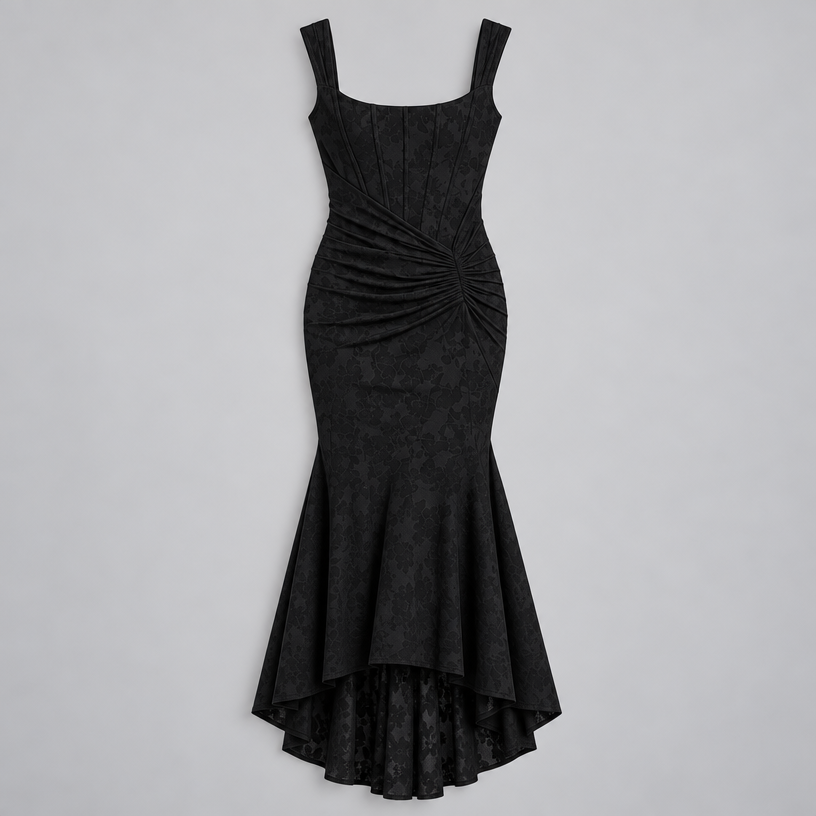 Damen Corsagen-Abendkleid mit Blumenmuster und High-Low-Saum — Schwarz