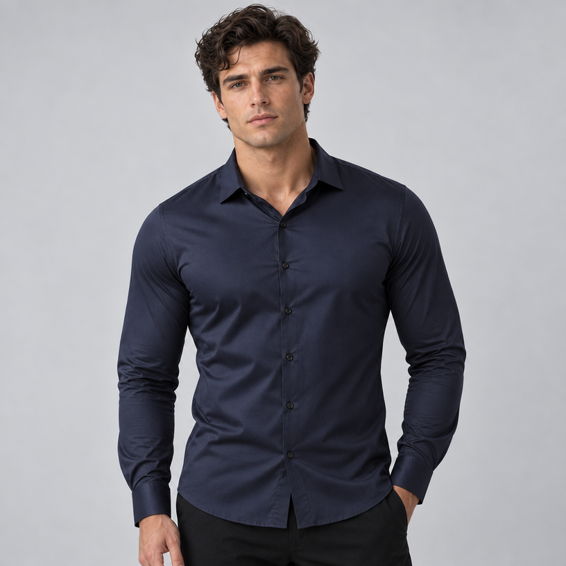 Herren Satinhemd mit Stretch – Slim Fit — Marineblau