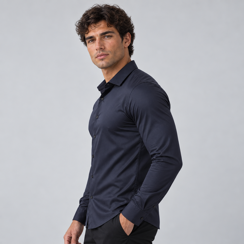 Herren Satinhemd mit Stretch – Slim Fit — Marineblau
