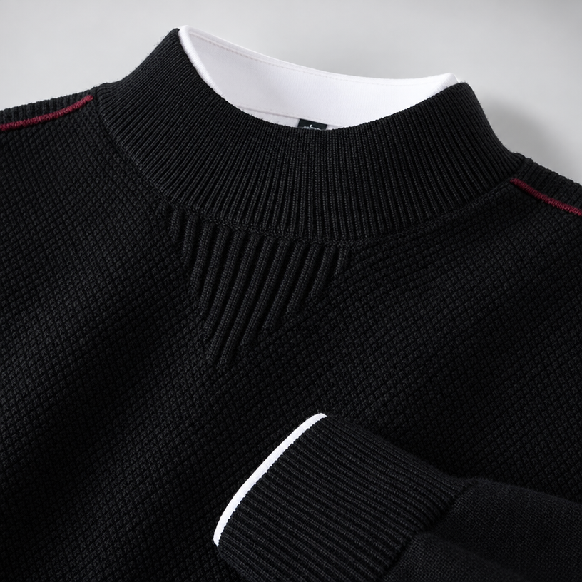 Herren Strukturstrick-Pullover mit Stehkragen – Relaxed Fit — Mitternachtsschwarz