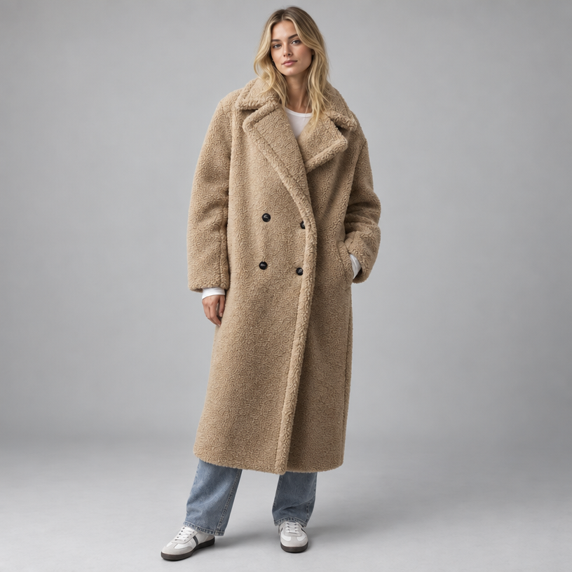 Damen Oversize-Teddymantel mit Reverskragen – Lang — Oat