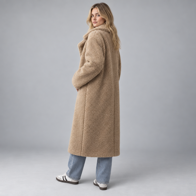Damen Oversize-Teddymantel mit Reverskragen – Lang — Oat