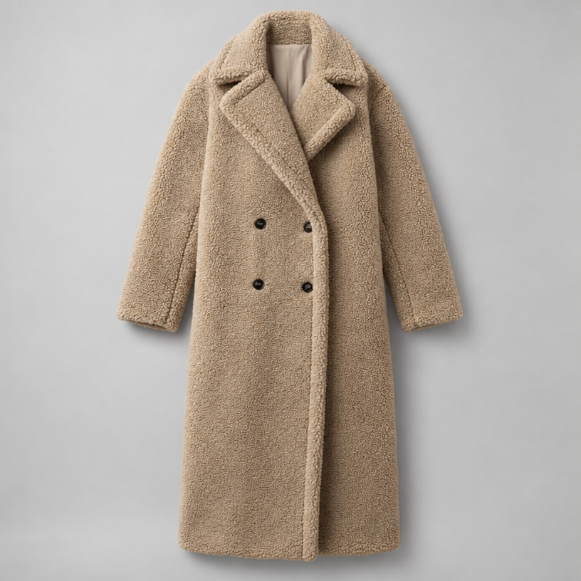 Damen Oversize-Teddymantel mit Reverskragen – Lang — Oat