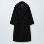 Damen Oversize-Teddymantel mit Reverskragen – Lang — Schwarz