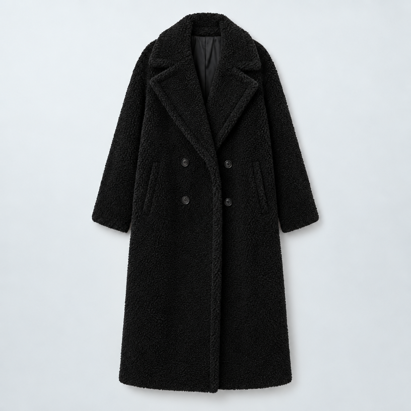 Damen Oversize-Teddymantel mit Reverskragen – Lang — Schwarz