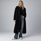 Damen Oversize-Teddymantel mit Reverskragen – Lang — Schwarz