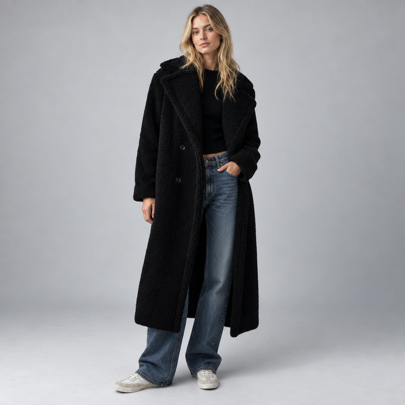 Damen Oversize-Teddymantel mit Reverskragen – Lang — Schwarz