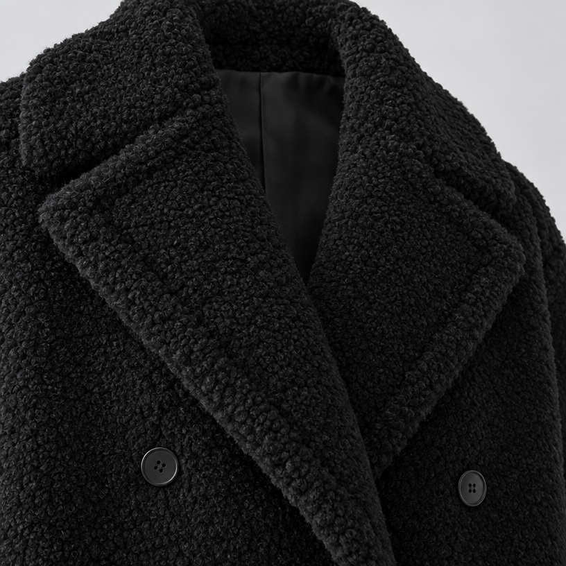 Damen Oversize-Teddymantel mit Reverskragen – Lang — Schwarz