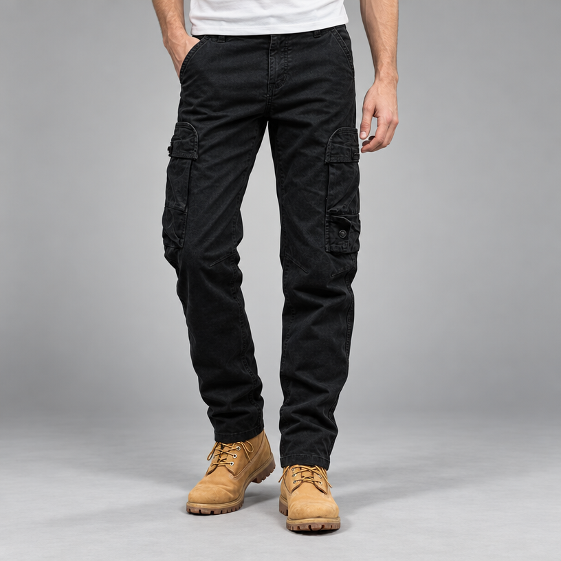 Herren Straight-Fit Cargohose aus Baumwolle mit Cargotaschen — Schwarz