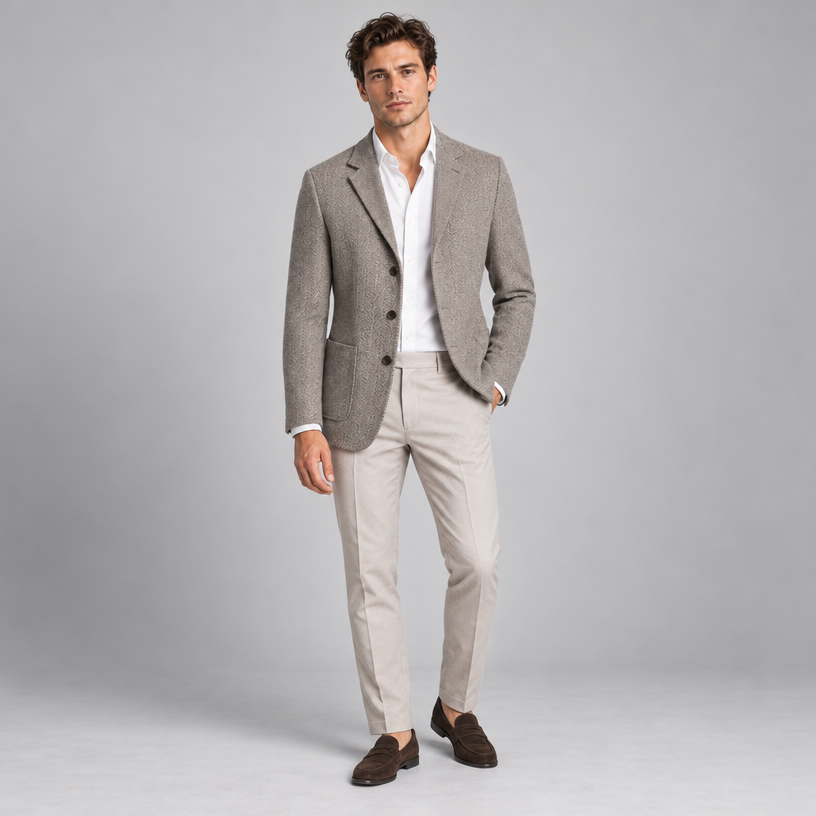Herren Fischgrät-Sakko mit aufgesetzten Taschen – Relaxed Fit — Beige