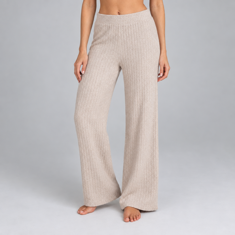 Damen Rippstrick-Zweiteiler mit V-Ausschnitt und Wide-Leg-Hose — Beige