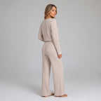 Damen Rippstrick-Zweiteiler mit V-Ausschnitt und Wide-Leg-Hose — Beige
