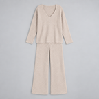 Damen Rippstrick-Zweiteiler mit V-Ausschnitt und Wide-Leg-Hose — Beige